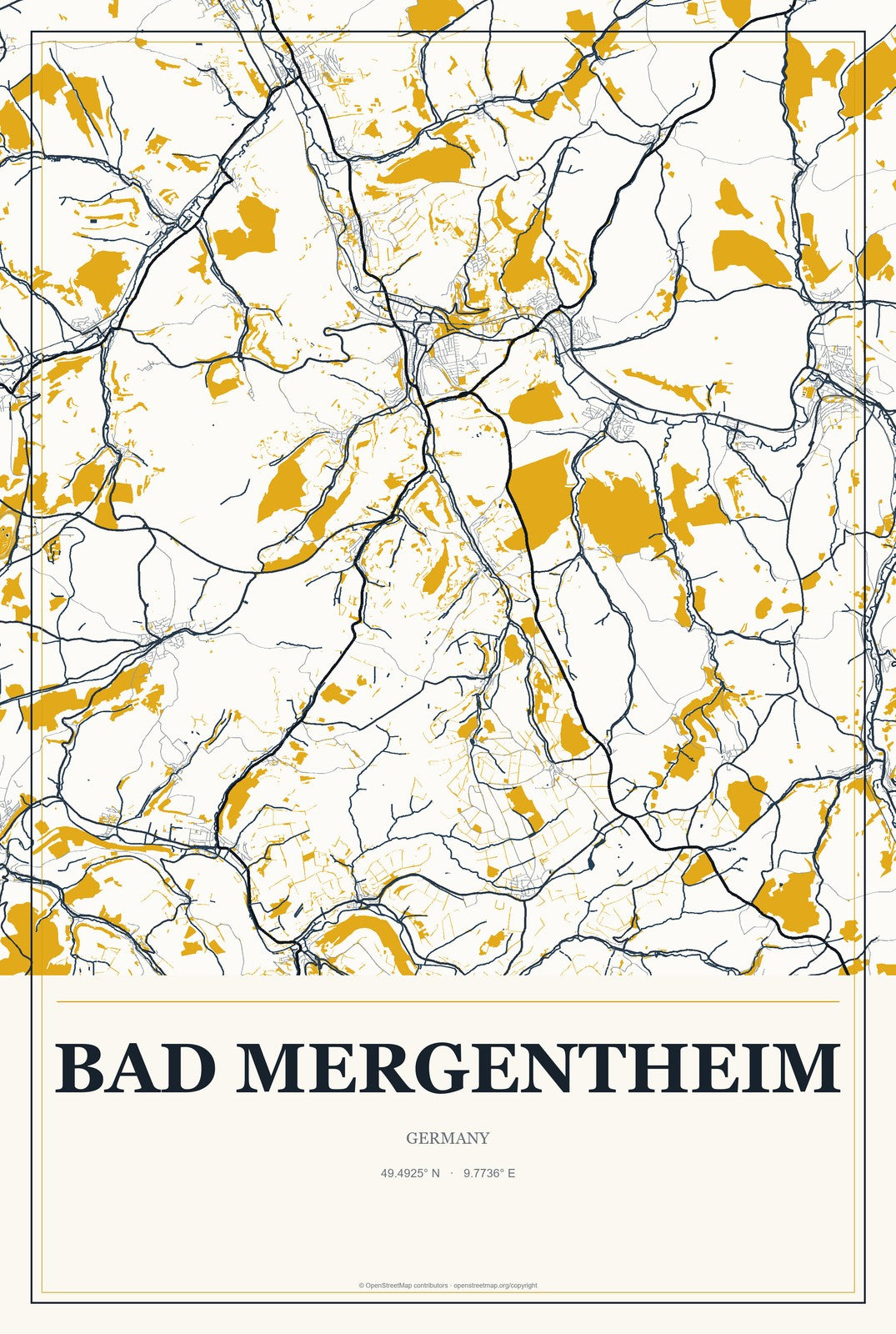 Bad Mergentheim, Germany City Map Aluminum Sign in Citrine Modern style