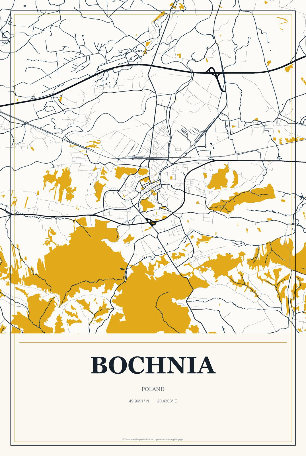 Bochnia, Poland City Map Aluminum Sign in Citrine Modern style