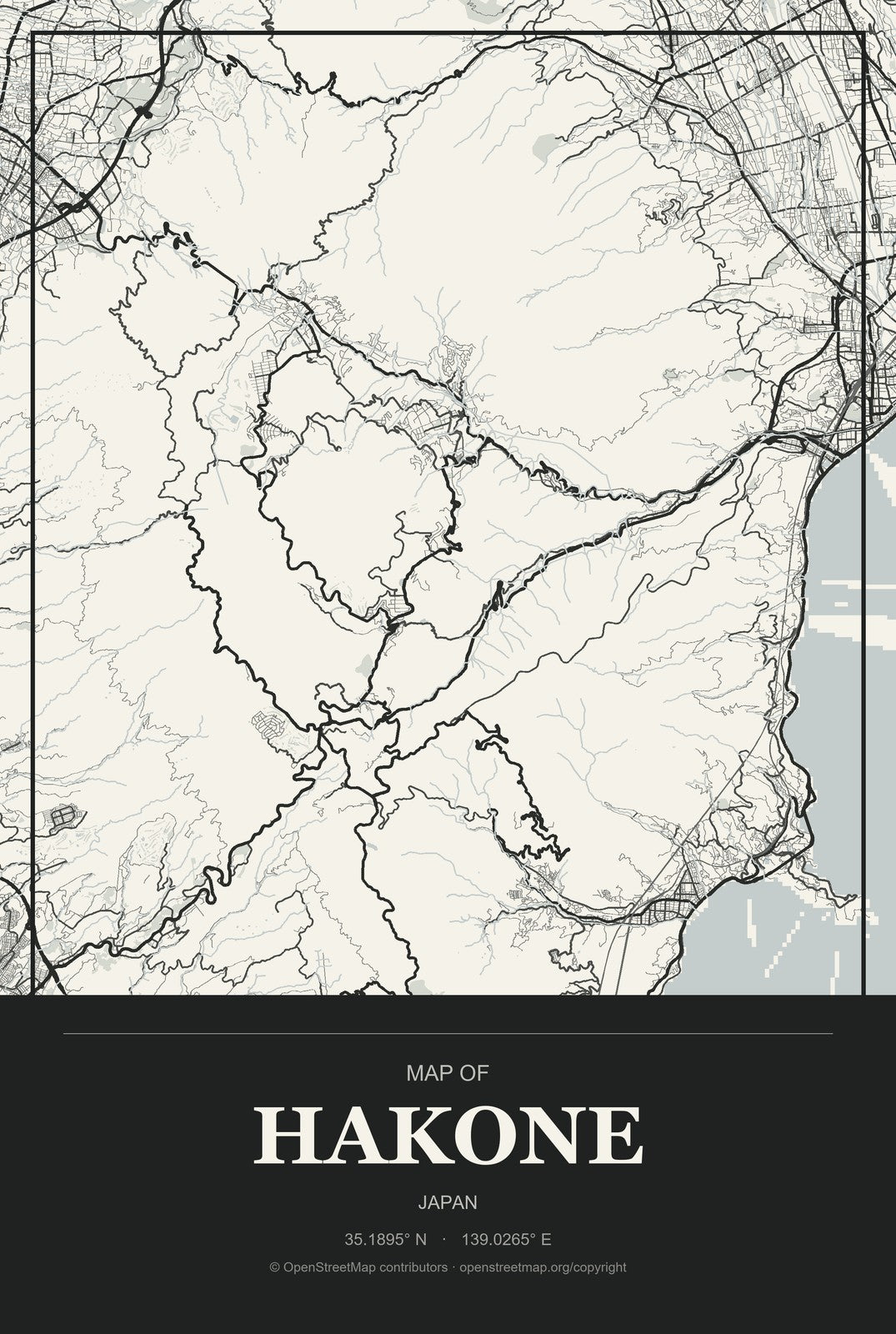Hakone, Japan City Map Aluminum Sign in Museum Plaque style