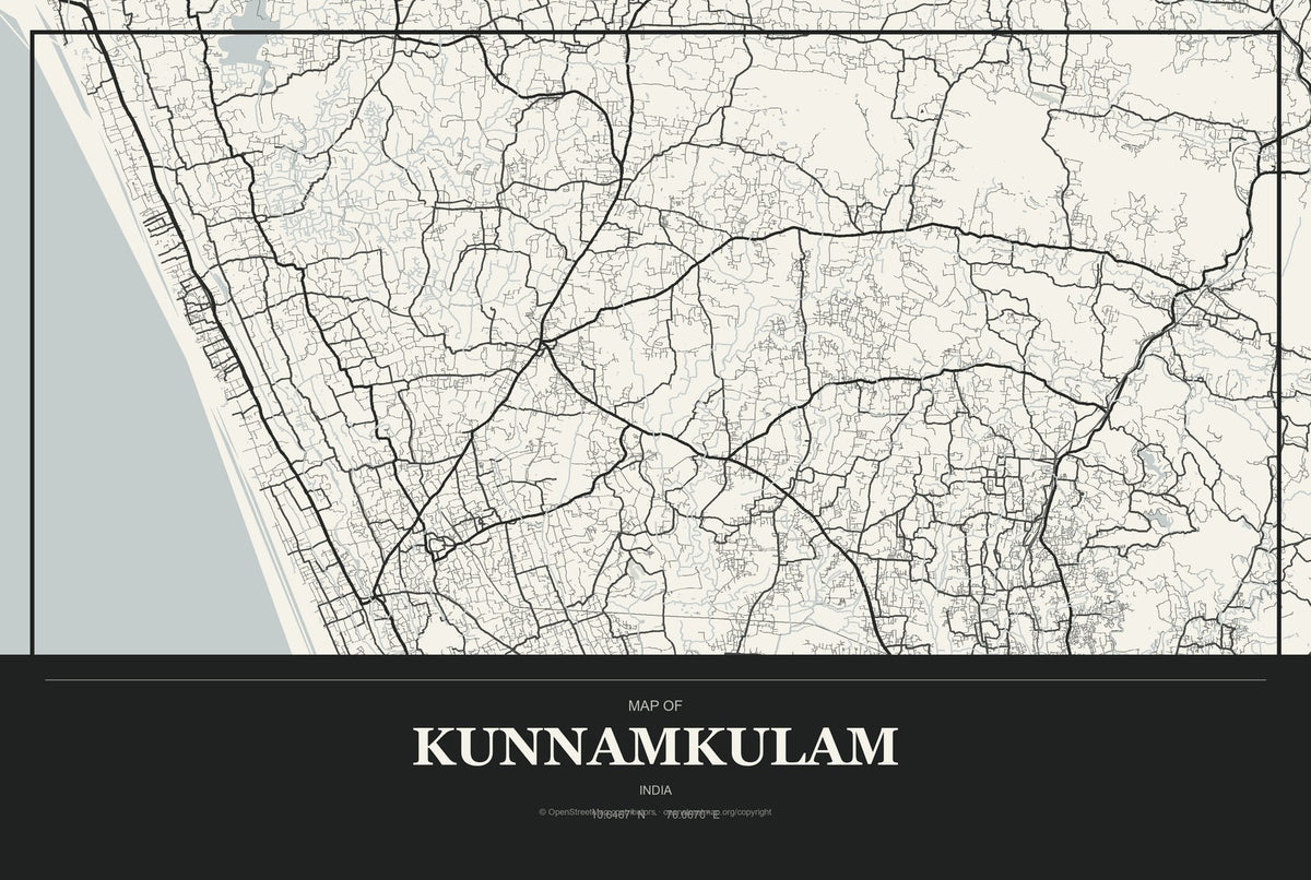 Kunnamkulam, India City Map Aluminum Sign in Museum Plaque style