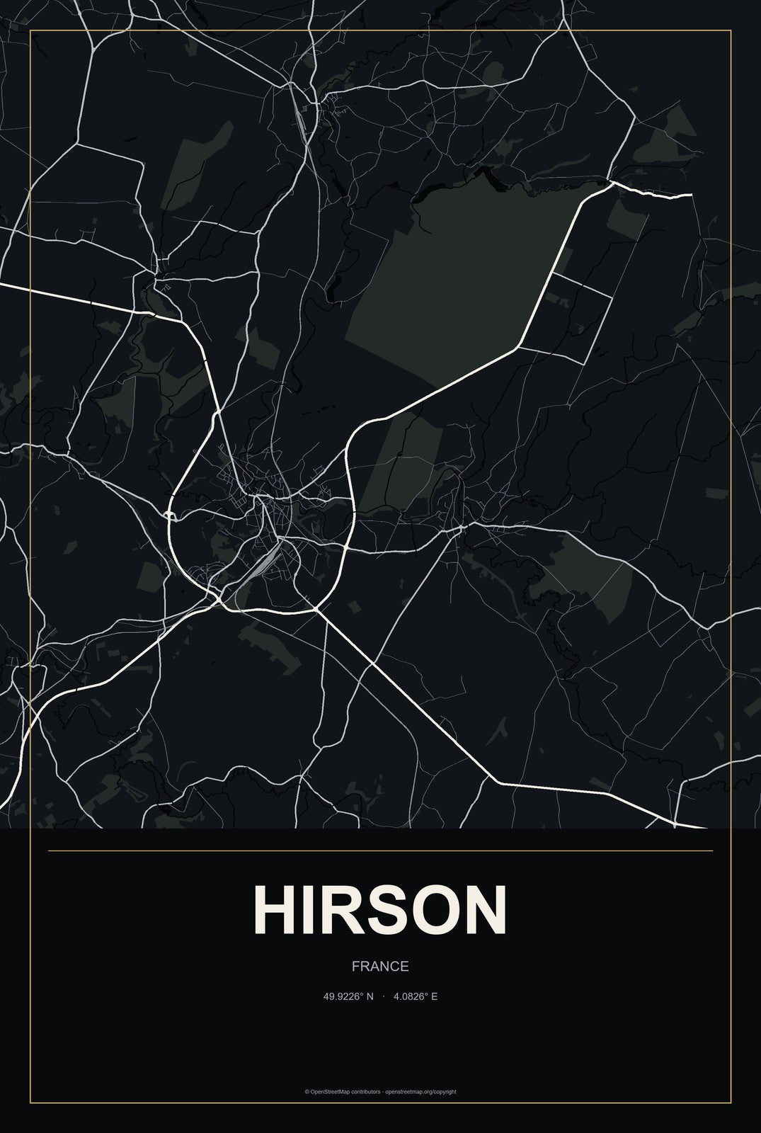 Hirson, France City Map Aluminum Sign in Metropolitan Noir style