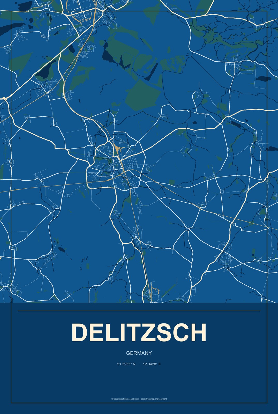 Delitzsch, Germany City Map Aluminum Sign in Harbor Cobalt style