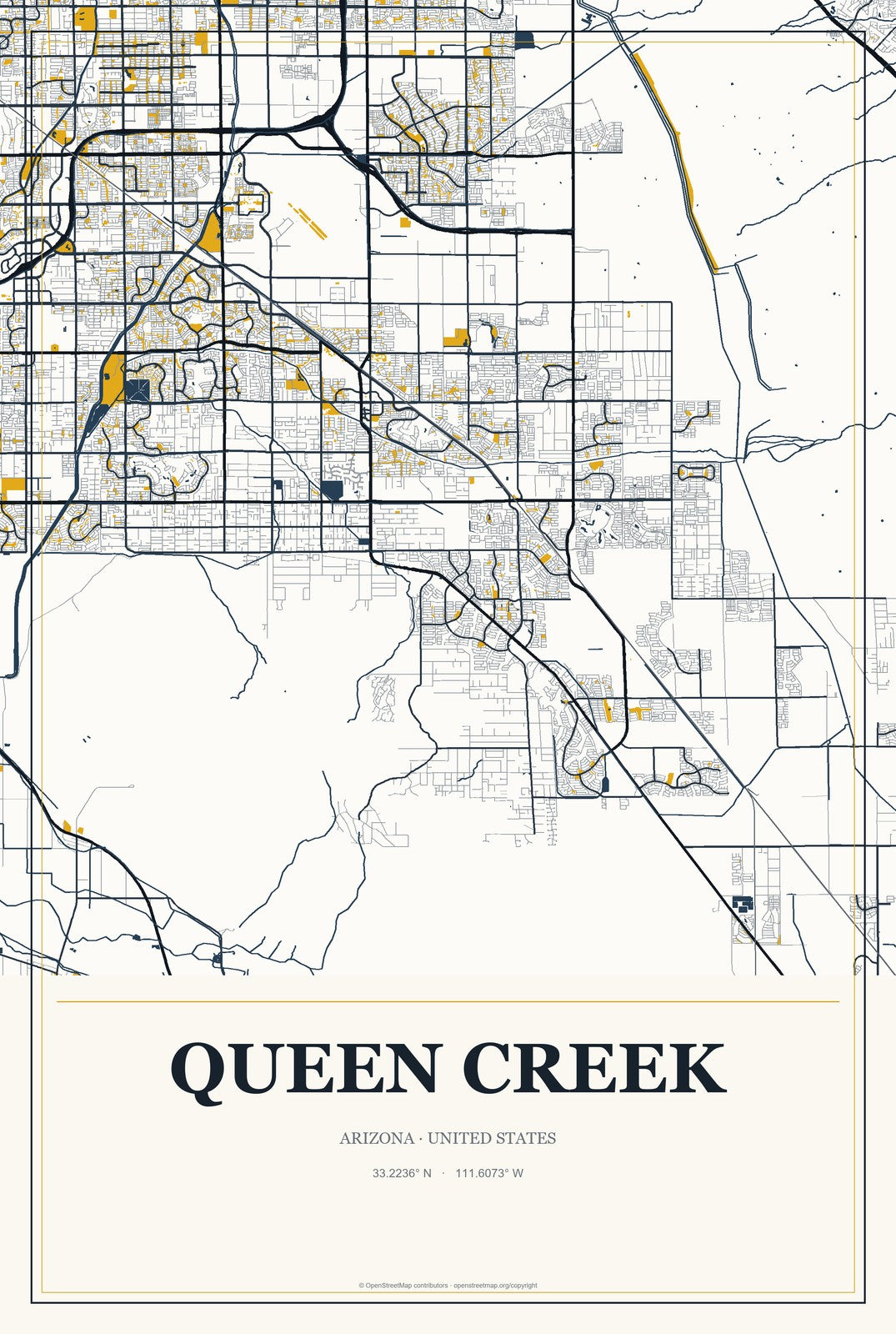 Queen Creek, Arizona City Map Aluminum Sign in Citrine Modern style