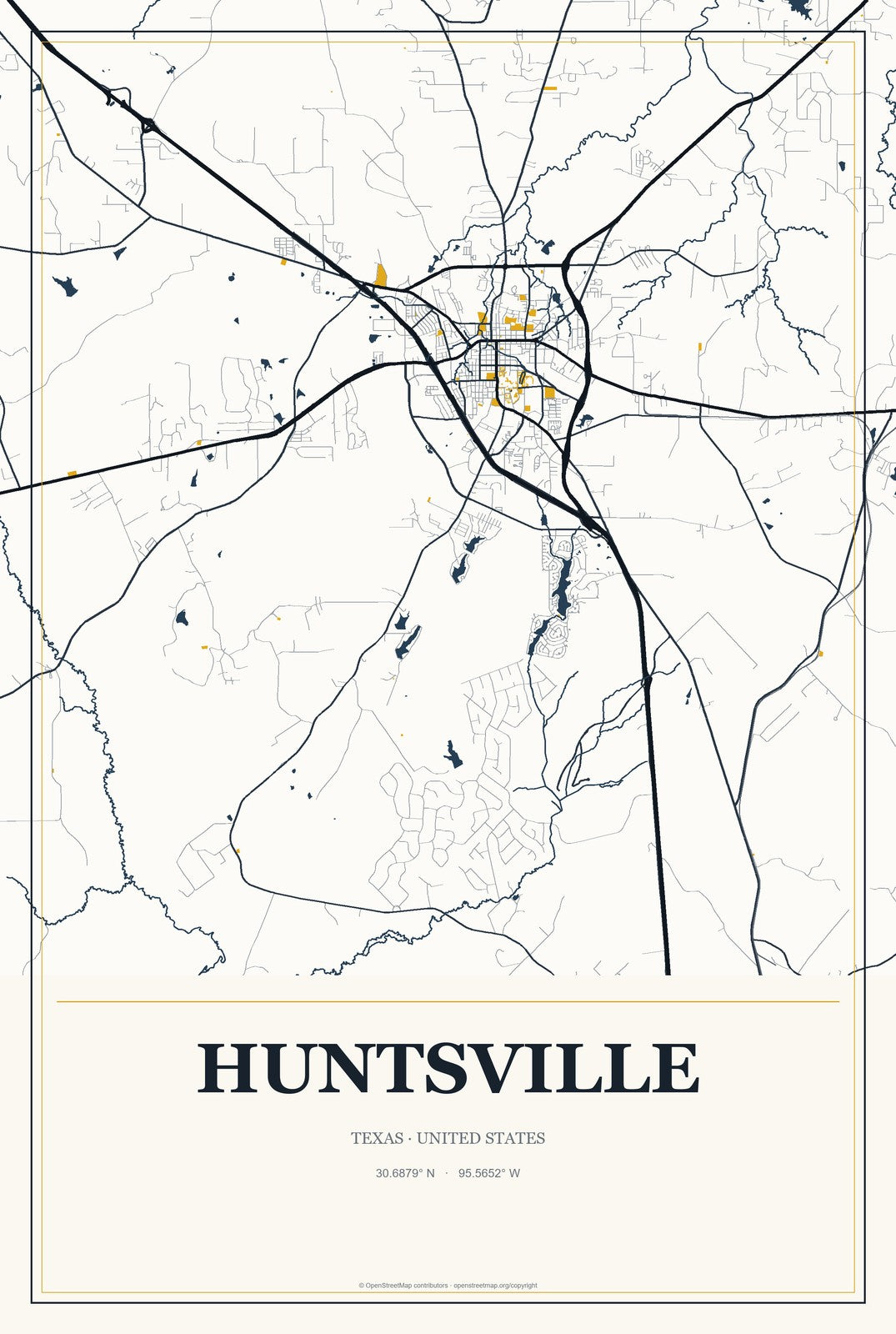 Huntsville, Texas City Map Aluminum Sign in Citrine Modern style