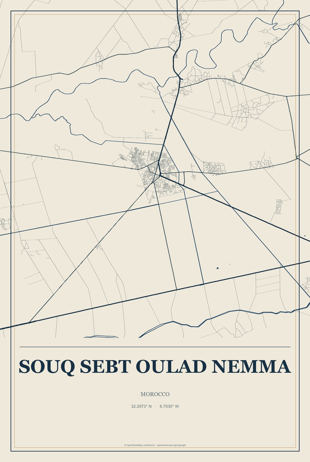 Souq Sebt Oulad Nemma, Morocco City Map Aluminum Sign in Coastal Cutout style