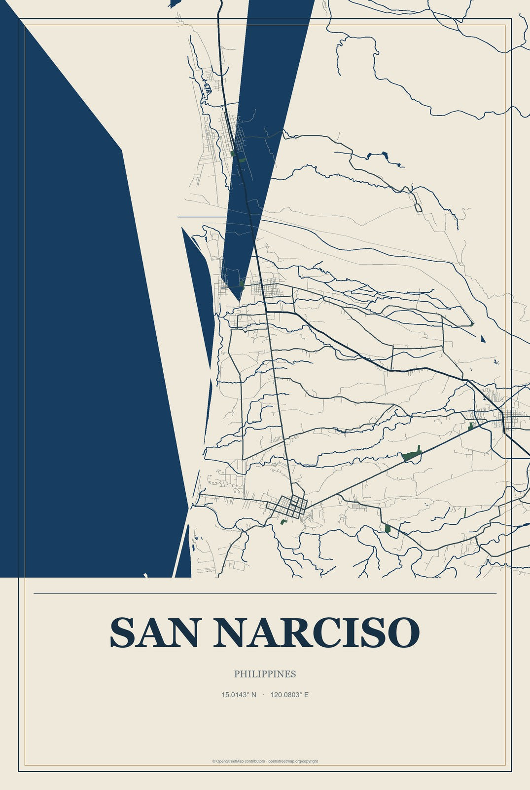 San Narciso, Central Luzon, Philippines City Map Aluminum Sign in Coastal Cutout style