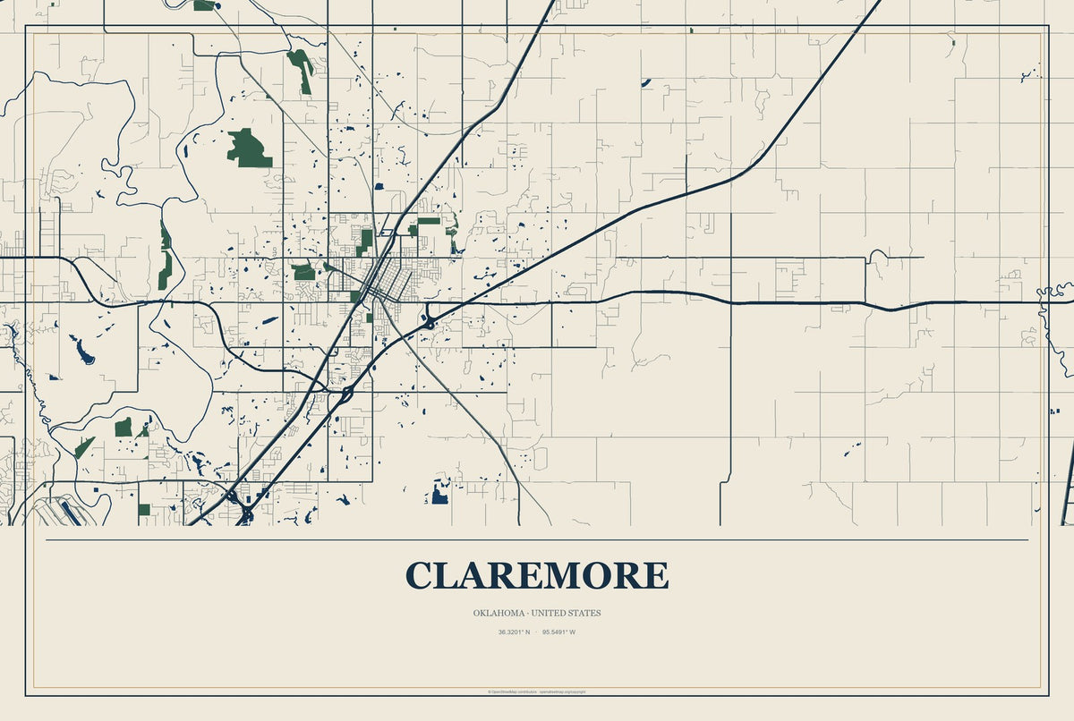 Claremore, Oklahoma City Map Aluminum Sign in Coastal Cutout style