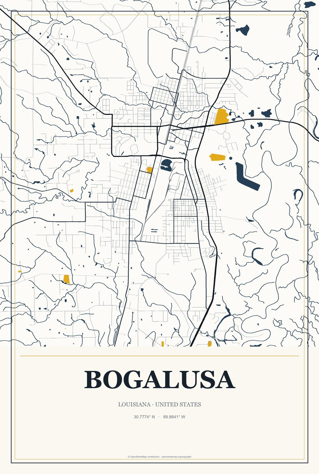 Bogalusa, Louisiana City Map Aluminum Sign in Citrine Modern style