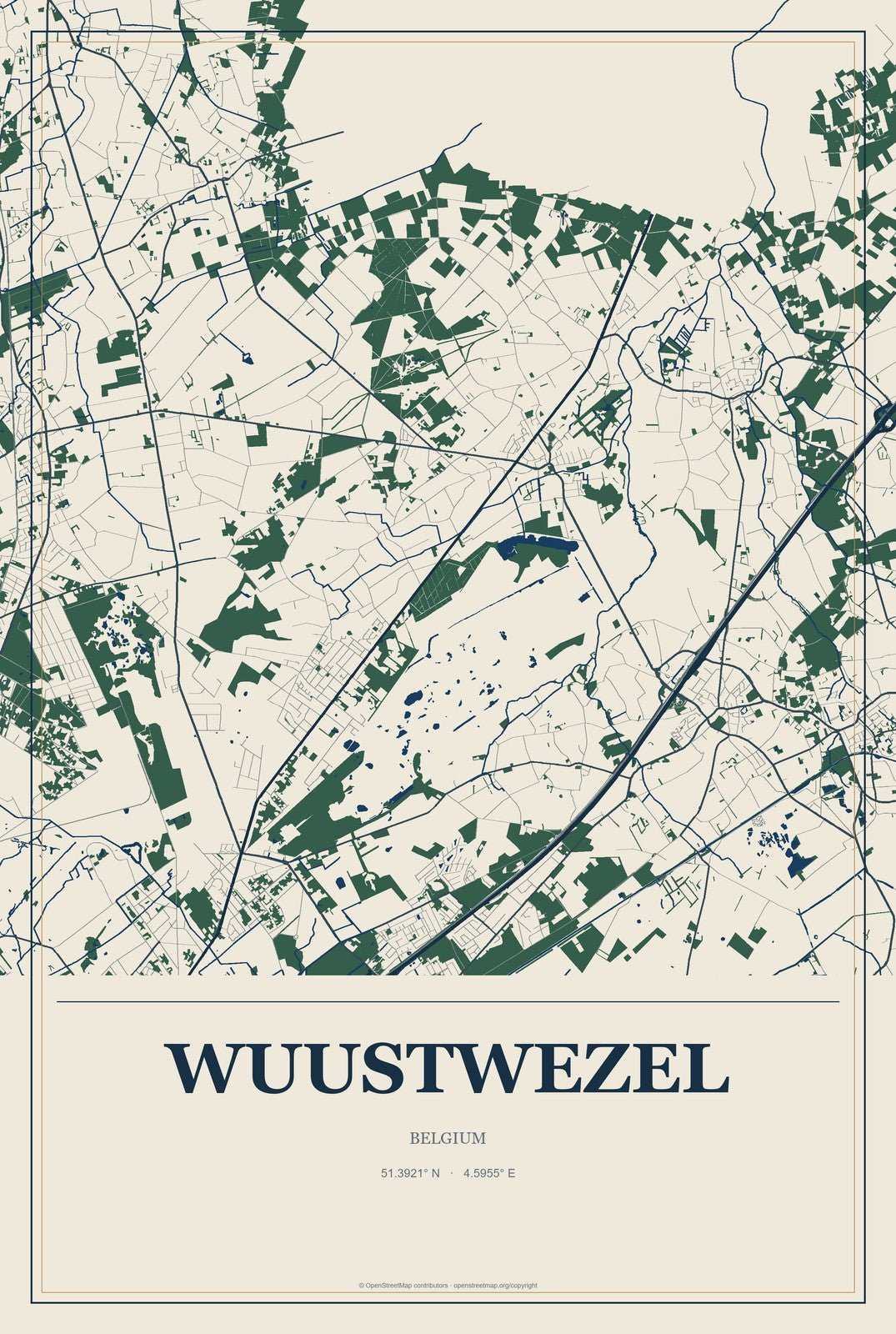 Wuustwezel, Belgium City Map Aluminum Sign in Coastal Cutout style