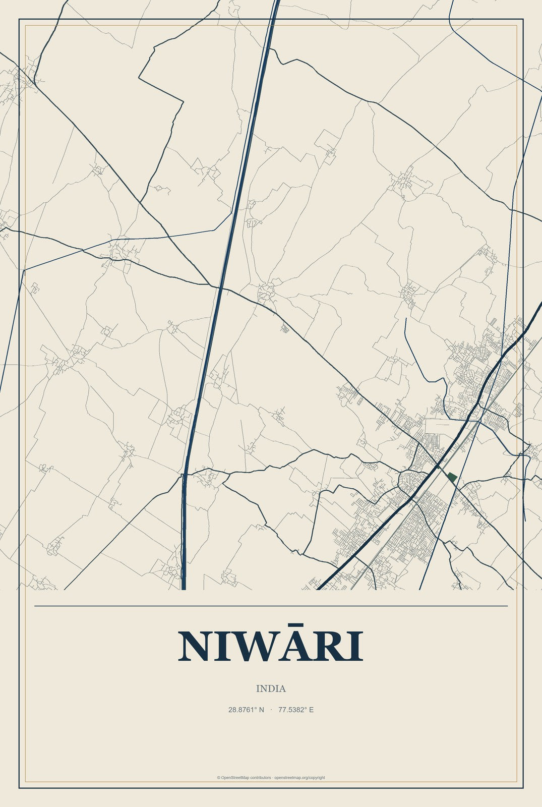Niwāri, India City Map Aluminum Sign in Coastal Cutout style