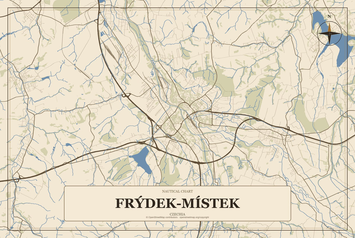 Frýdek-Místek, Czechia City Map Aluminum Sign in Heritage Nautical style