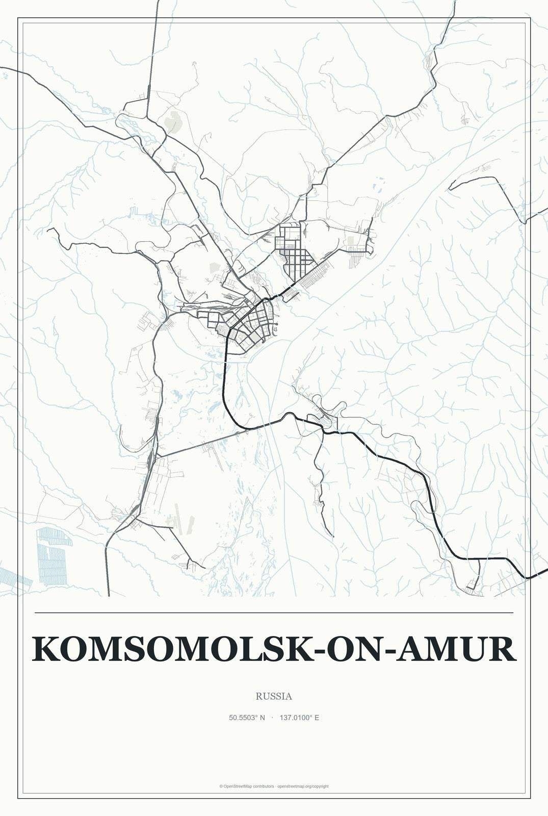 Komsomolsk-on-Amur, Russia City Map Aluminum Sign in Gallery Air style