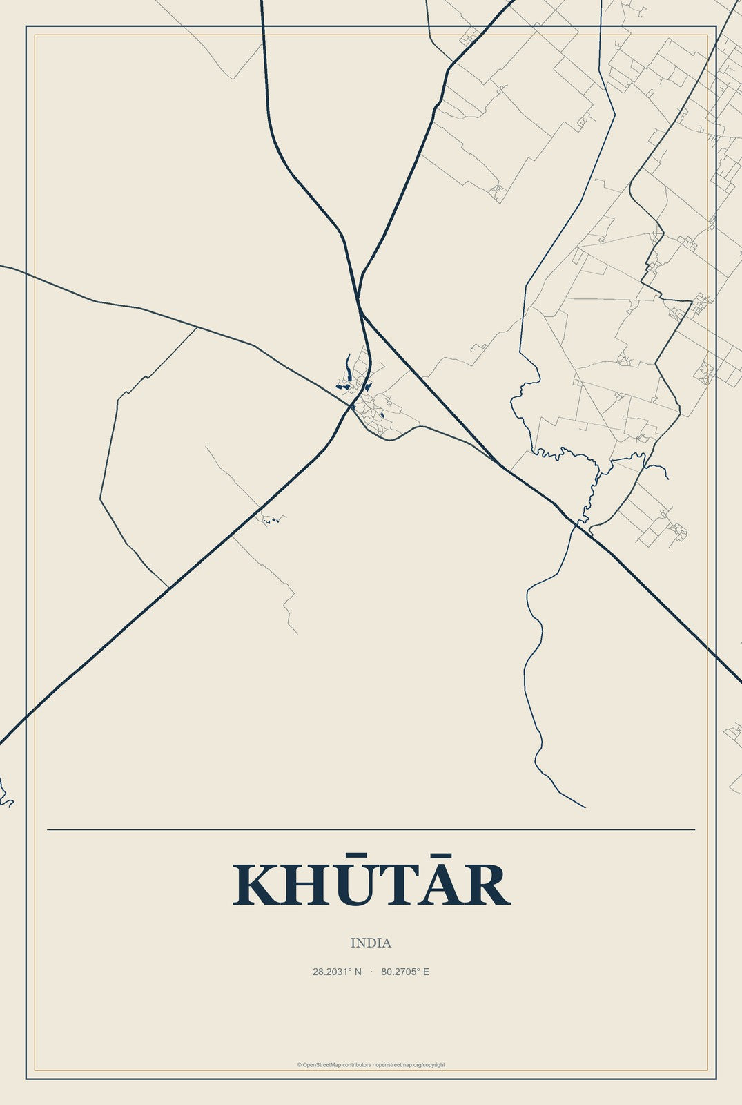Khūtār, India City Map Aluminum Sign in Coastal Cutout style
