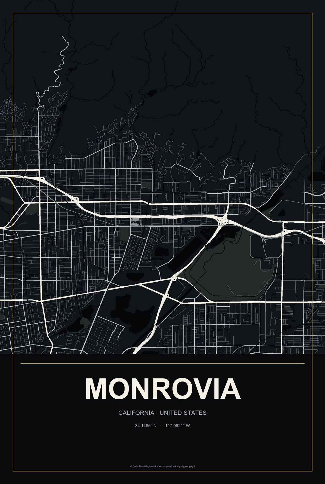 Monrovia, California City Map Aluminum Sign in Metropolitan Noir style