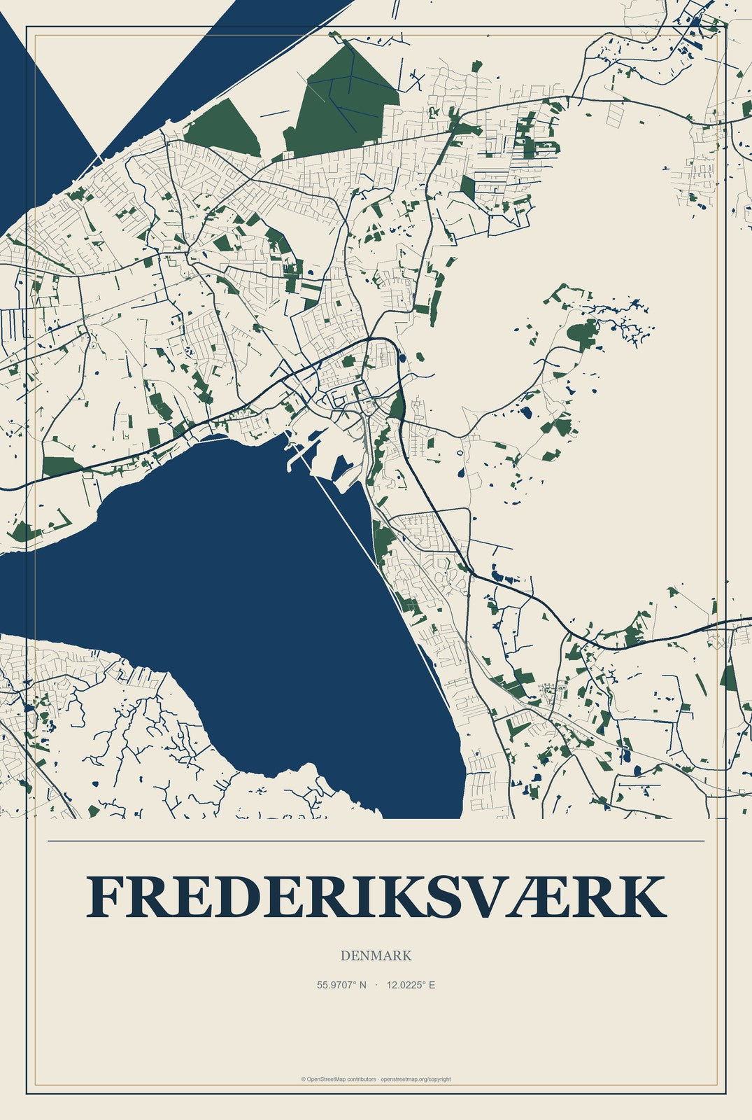 Frederiksværk, Denmark City Map Aluminum Sign in Coastal Cutout style