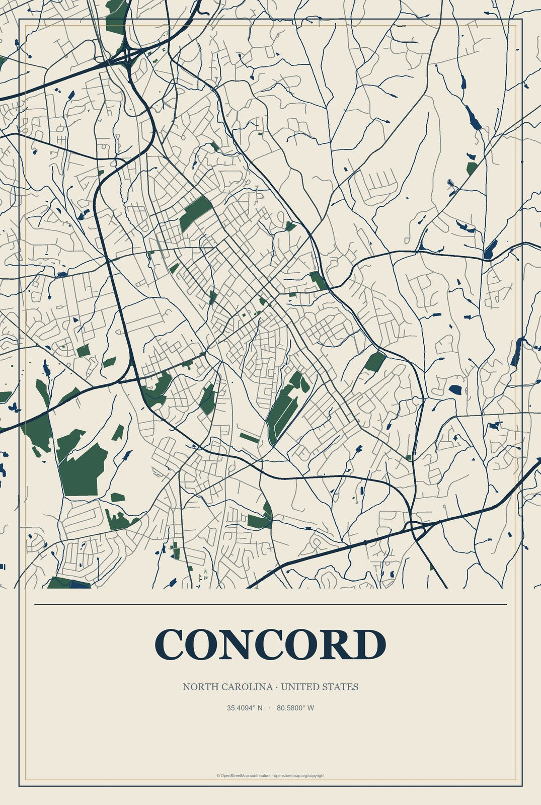 Concord, North Carolina City Map Aluminum Sign in Coastal Cutout style