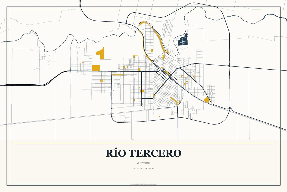 Río Tercero, Argentina City Map Aluminum Sign in Citrine Modern style