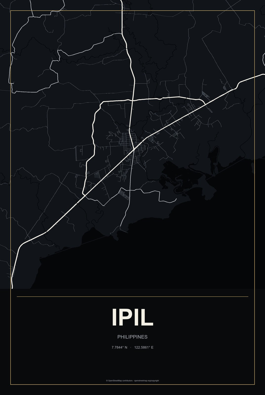 Ipil, Philippines City Map Aluminum Sign in Metropolitan Noir style