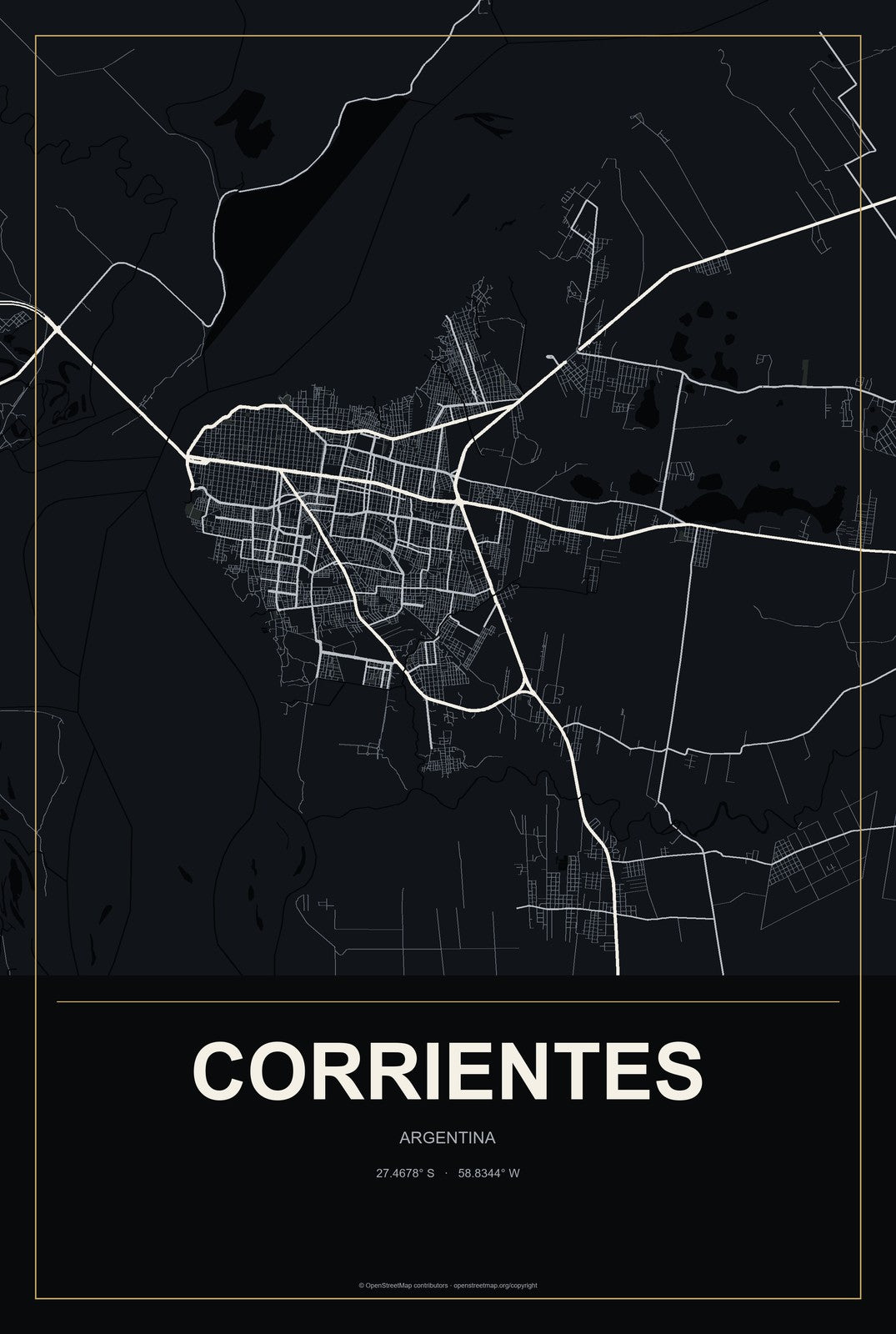 Corrientes, Argentina City Map Aluminum Sign in Metropolitan Noir style