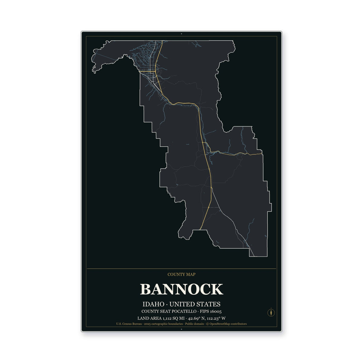 Bannock County, Idaho Map Aluminum Sign in Metropolitan Noir style