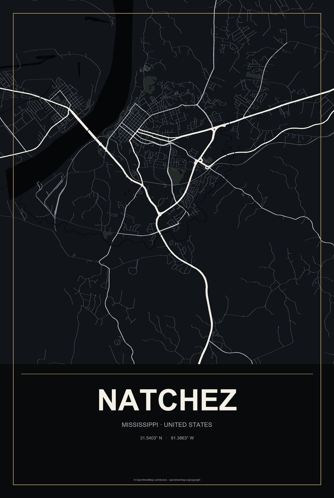 Natchez, Mississippi City Map Aluminum Sign in Metropolitan Noir style