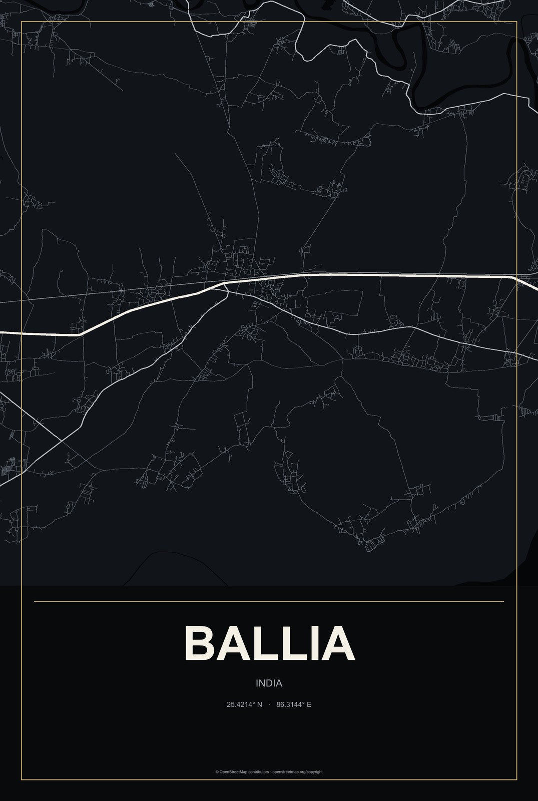 Ballia, India City Map Aluminum Sign in Metropolitan Noir style