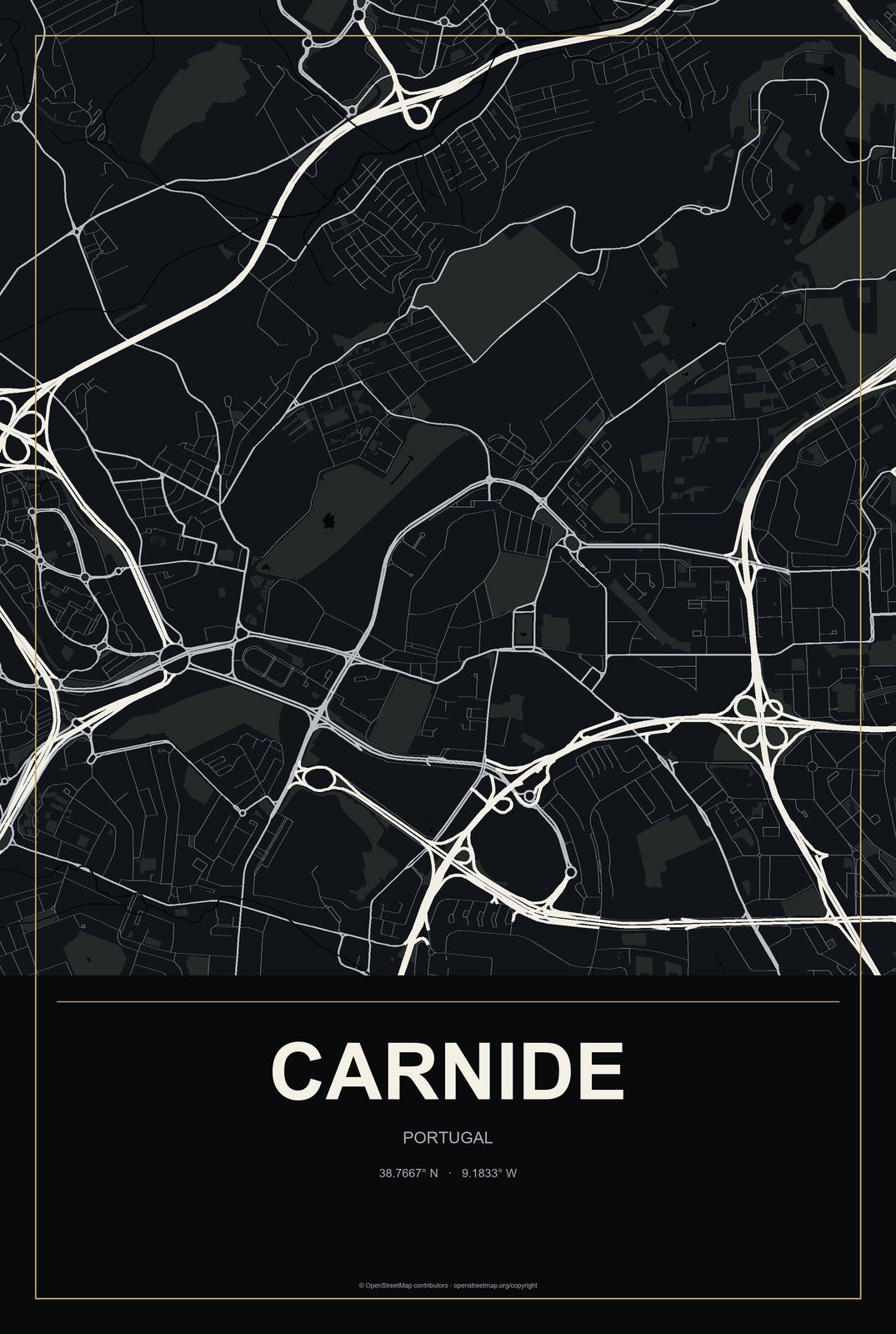 Carnide, Portugal City Map Aluminum Sign in Metropolitan Noir style