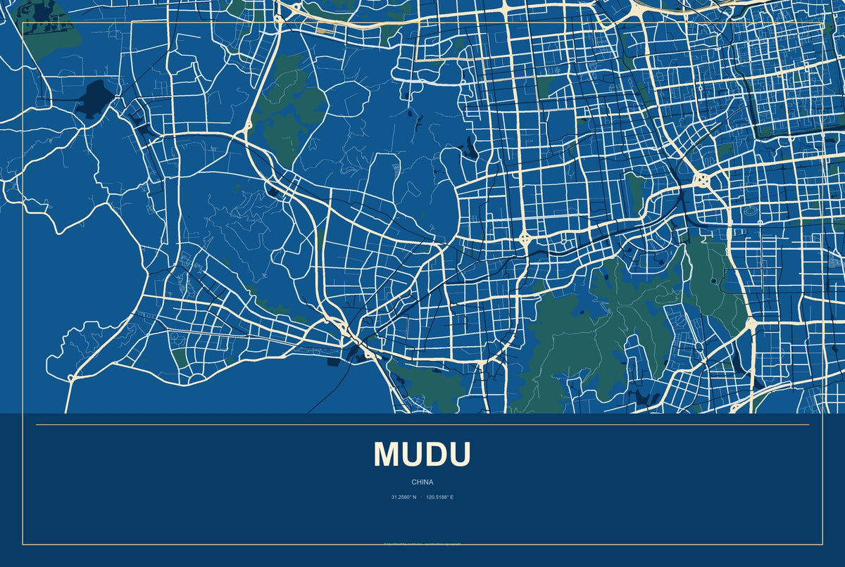 Mudu, China City Map Aluminum Sign in Harbor Cobalt style
