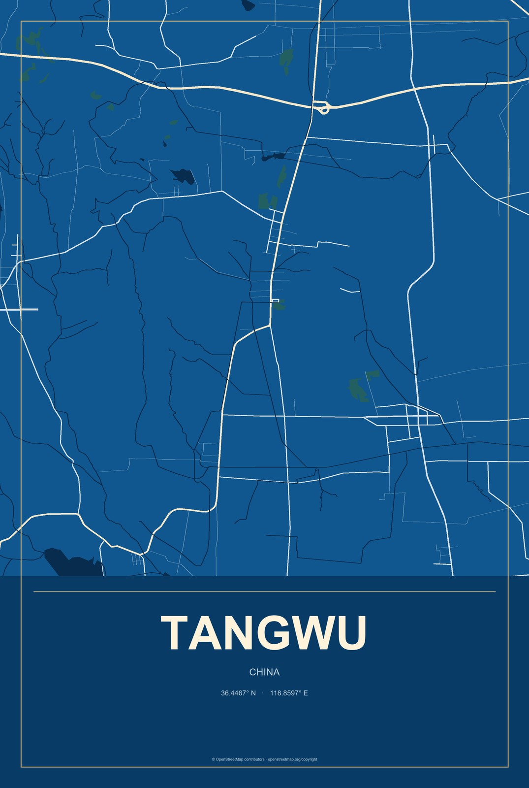 Tangwu, China City Map Aluminum Sign in Harbor Cobalt style
