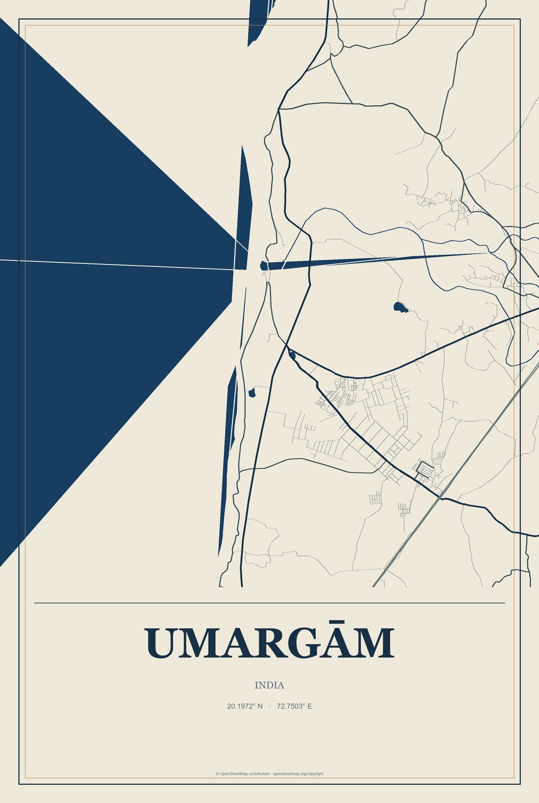 Umargām, India City Map Aluminum Sign in Coastal Cutout style