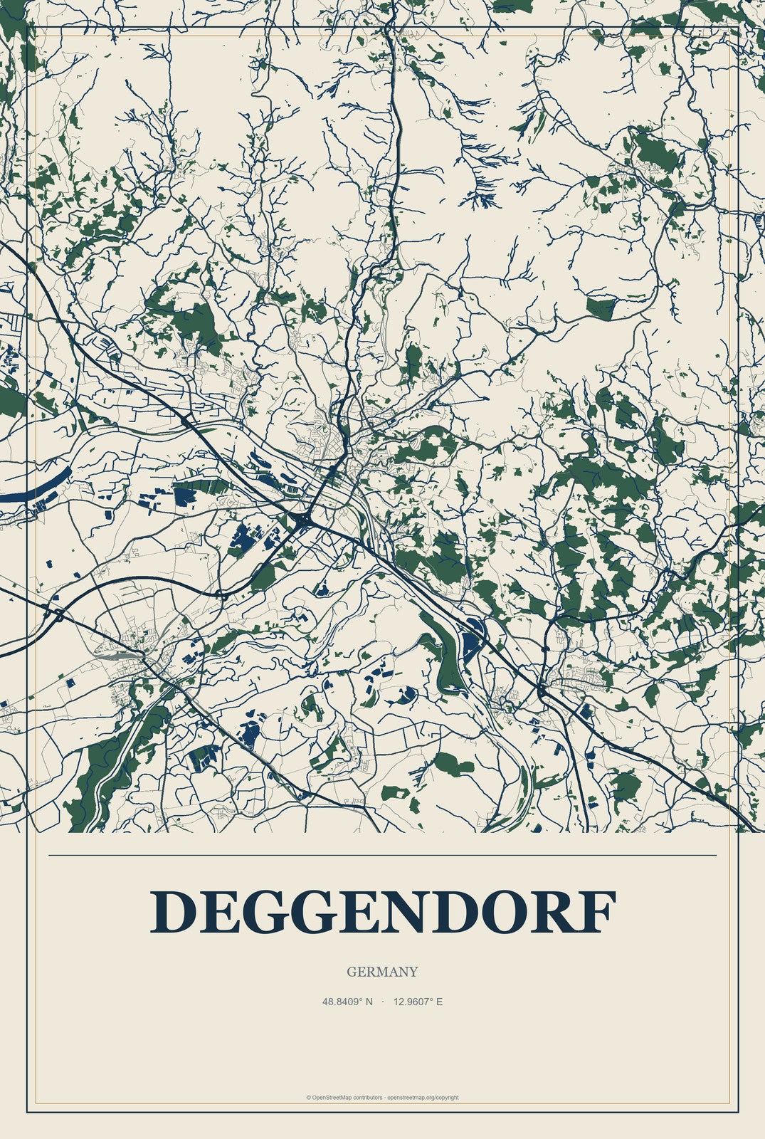 Deggendorf, Germany City Map Aluminum Sign in Coastal Cutout style