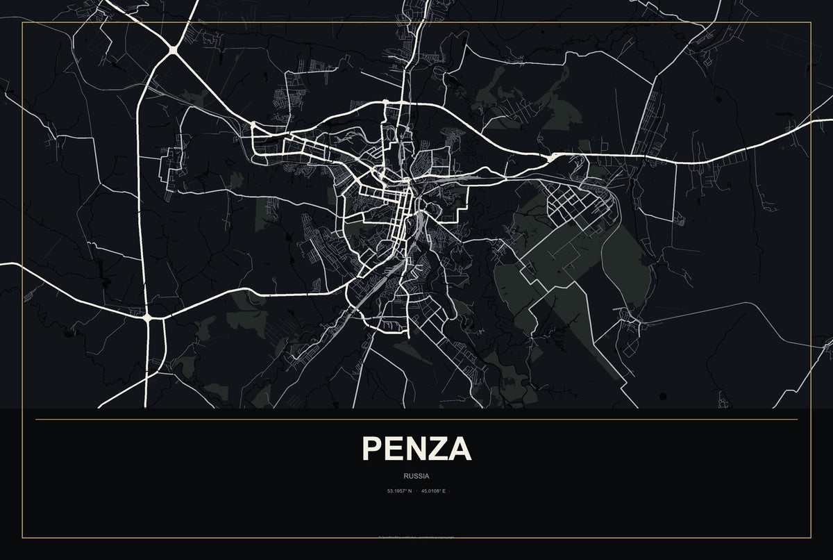 Penza, Russia City Map Aluminum Sign in Metropolitan Noir style