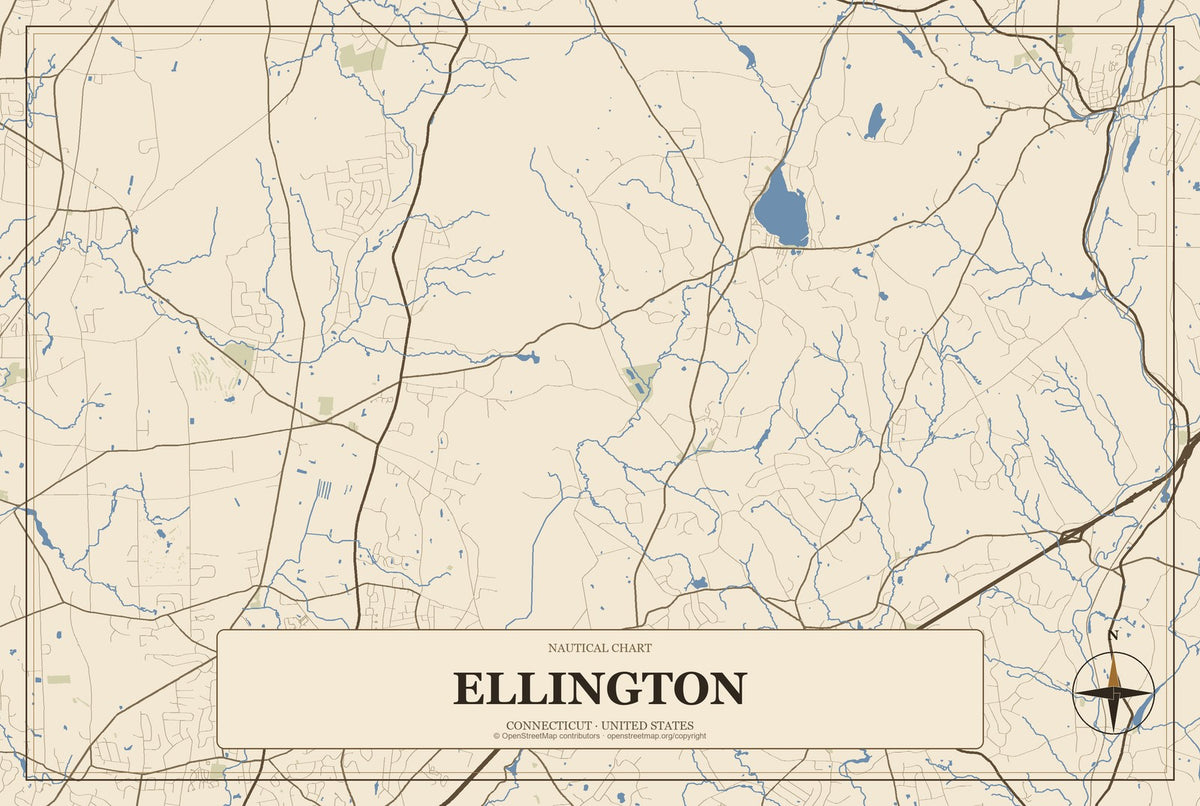 Ellington, Connecticut City Map Aluminum Sign in Heritage Nautical style