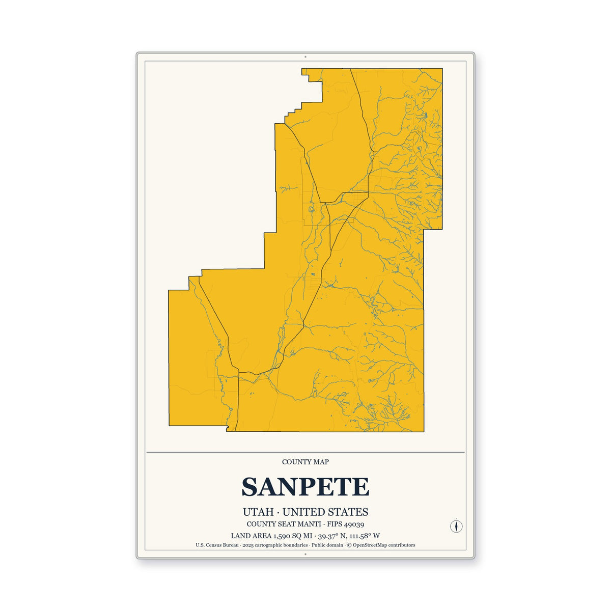 Sanpete County, Utah Map Aluminum Sign in Citrine Modern style