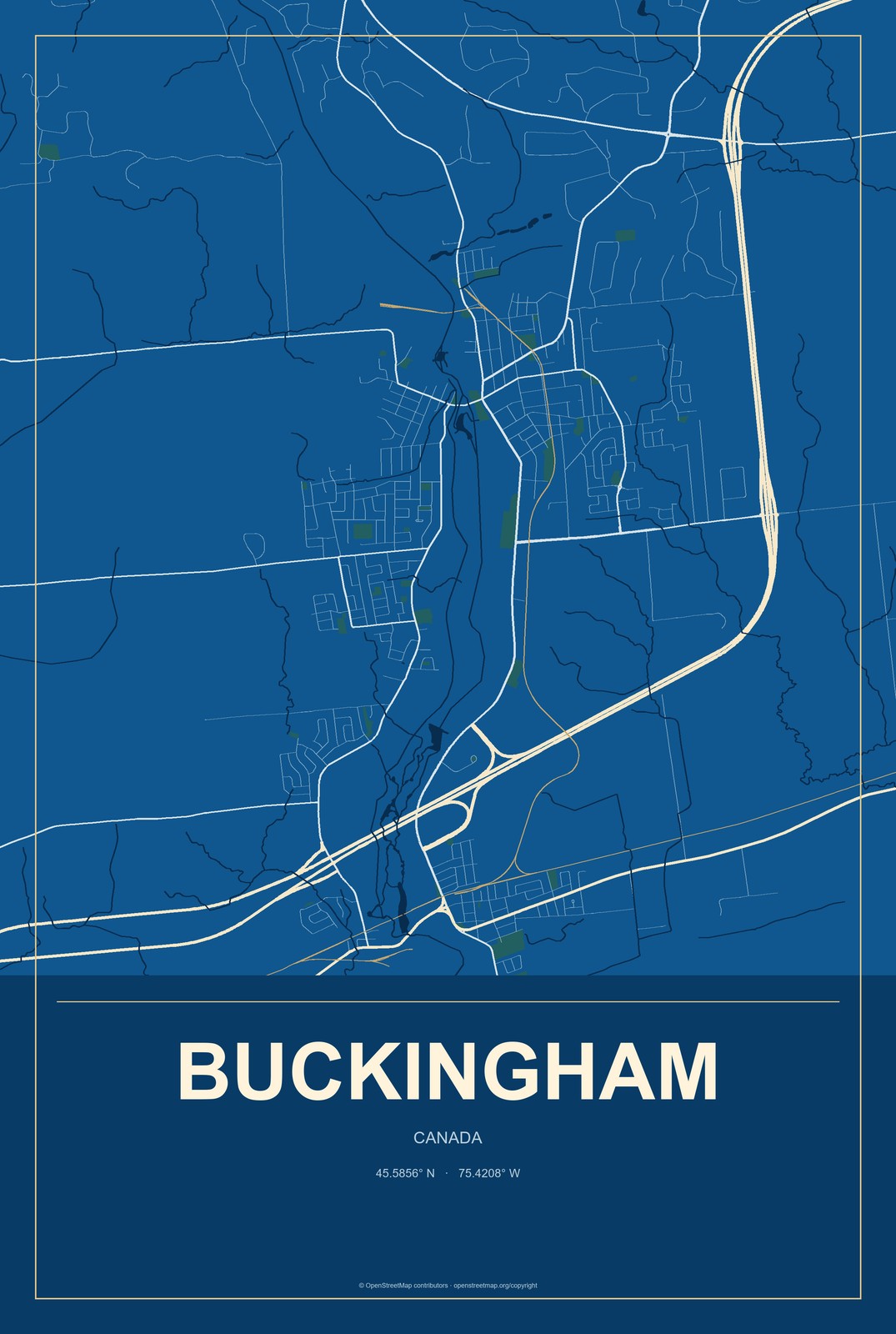 Buckingham, Canada City Map Aluminum Sign in Harbor Cobalt style