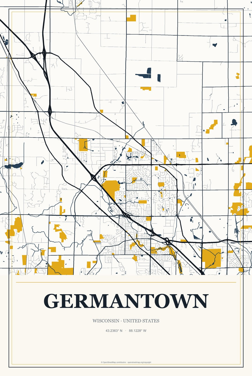 Germantown, Wisconsin City Map Aluminum Sign in Citrine Modern style
