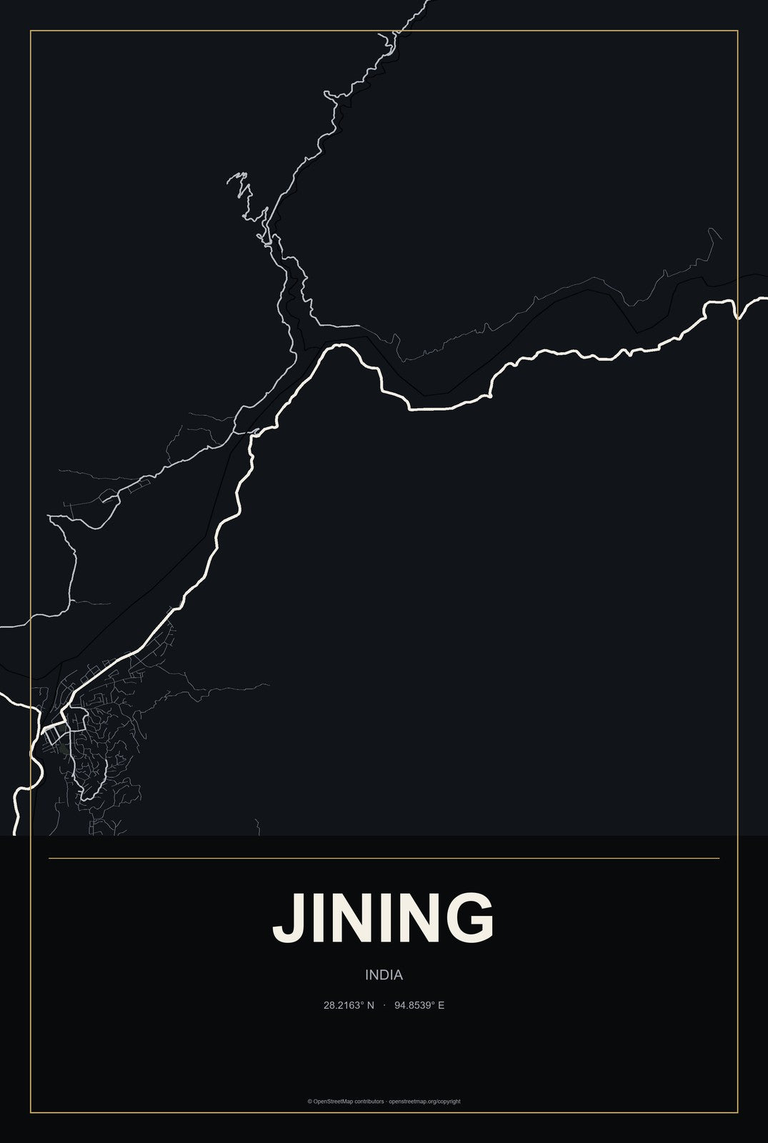Jining, India City Map Aluminum Sign in Metropolitan Noir style