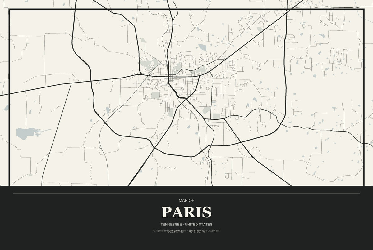 Paris, Tennessee City Map Aluminum Sign in Museum Plaque style