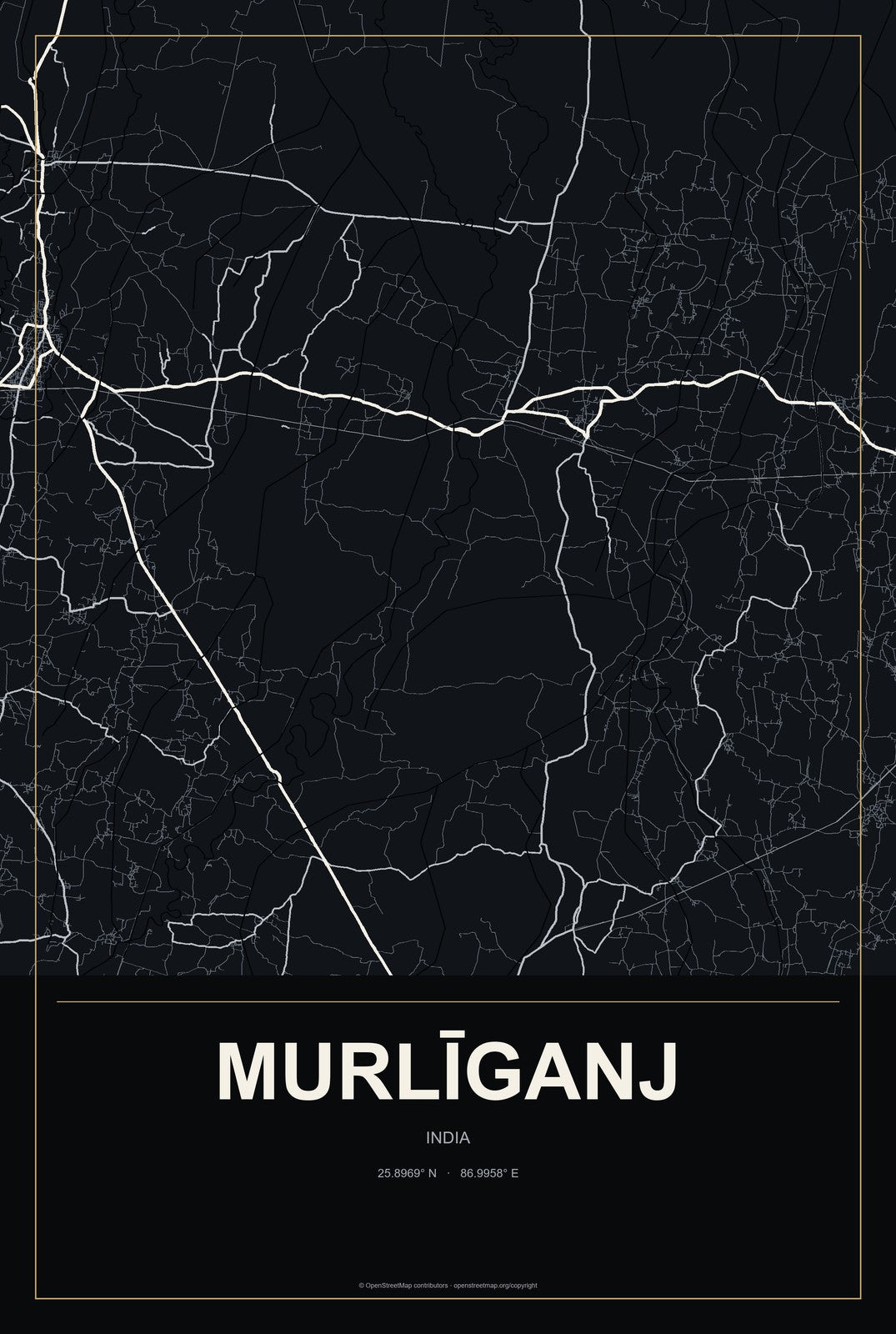 Murlīganj, India City Map Aluminum Sign in Metropolitan Noir style