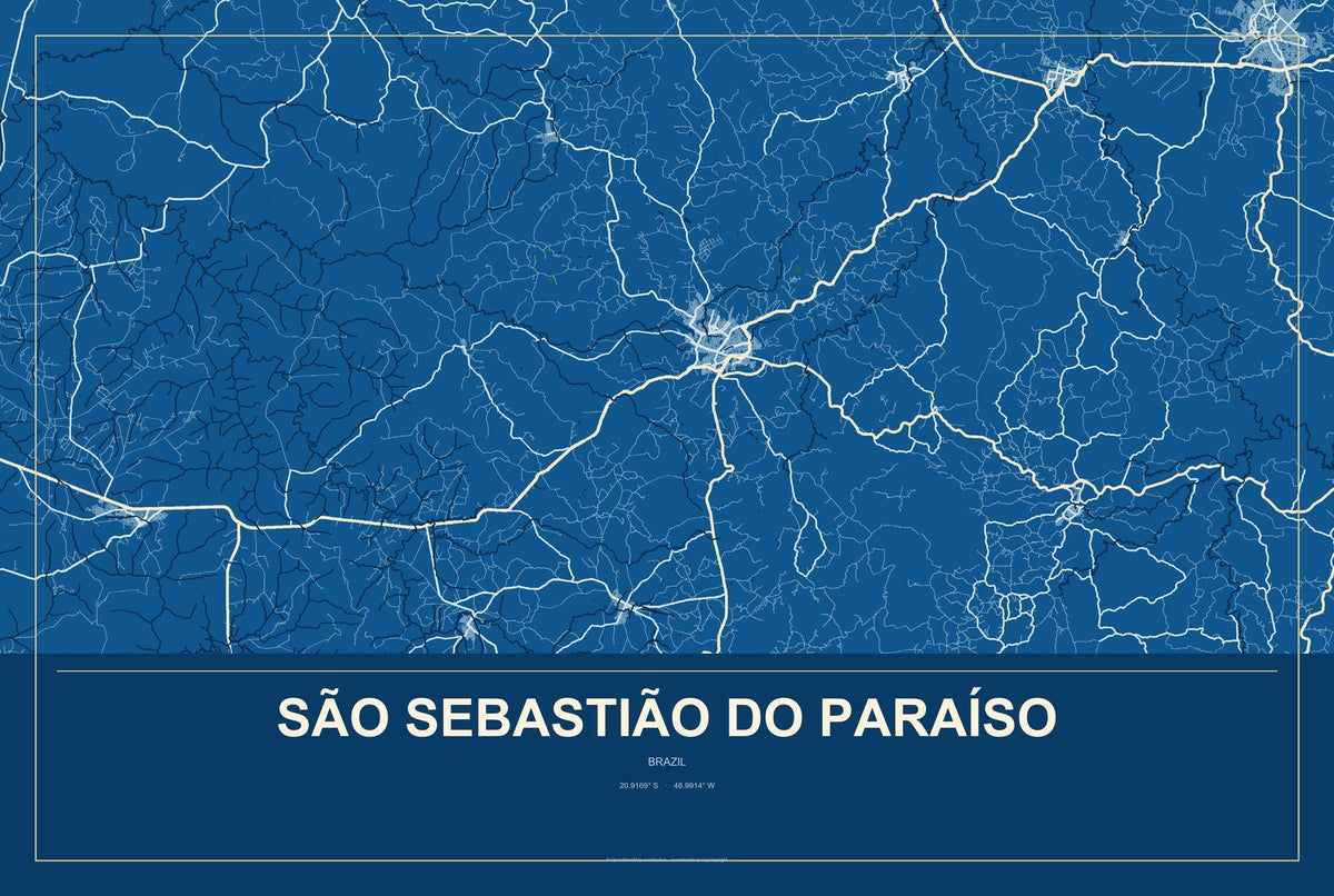 São Sebastião do Paraíso, Brazil City Map Aluminum Sign in Harbor Cobalt style