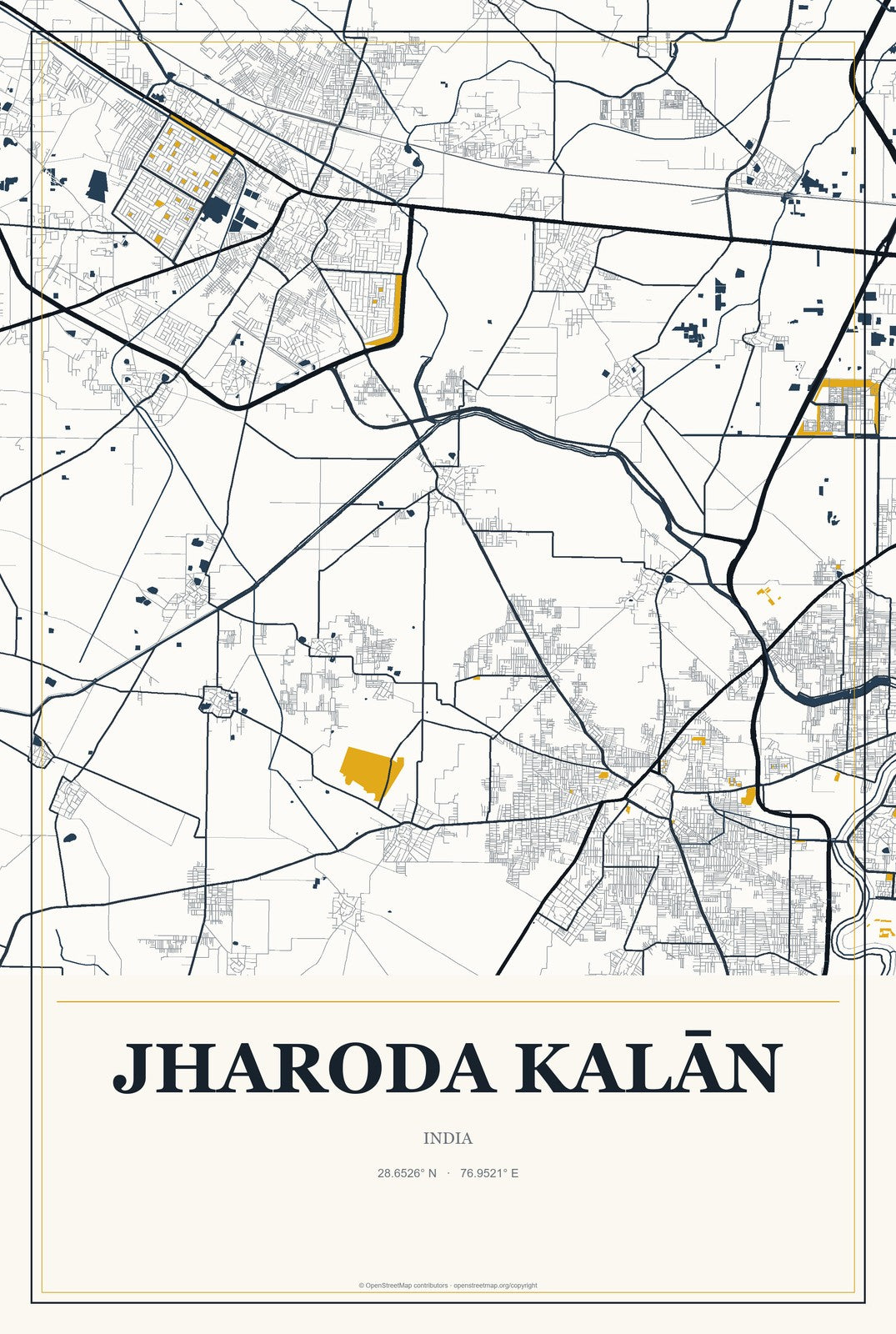 Jharoda Kalān, India City Map Aluminum Sign in Citrine Modern style