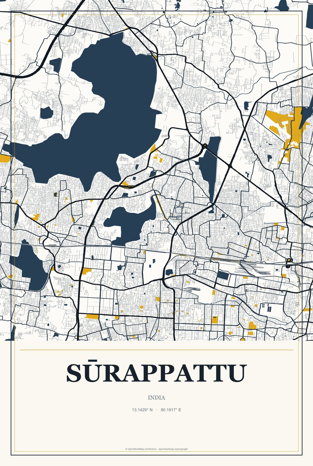 Sūrappattu, India City Map Aluminum Sign in Citrine Modern style