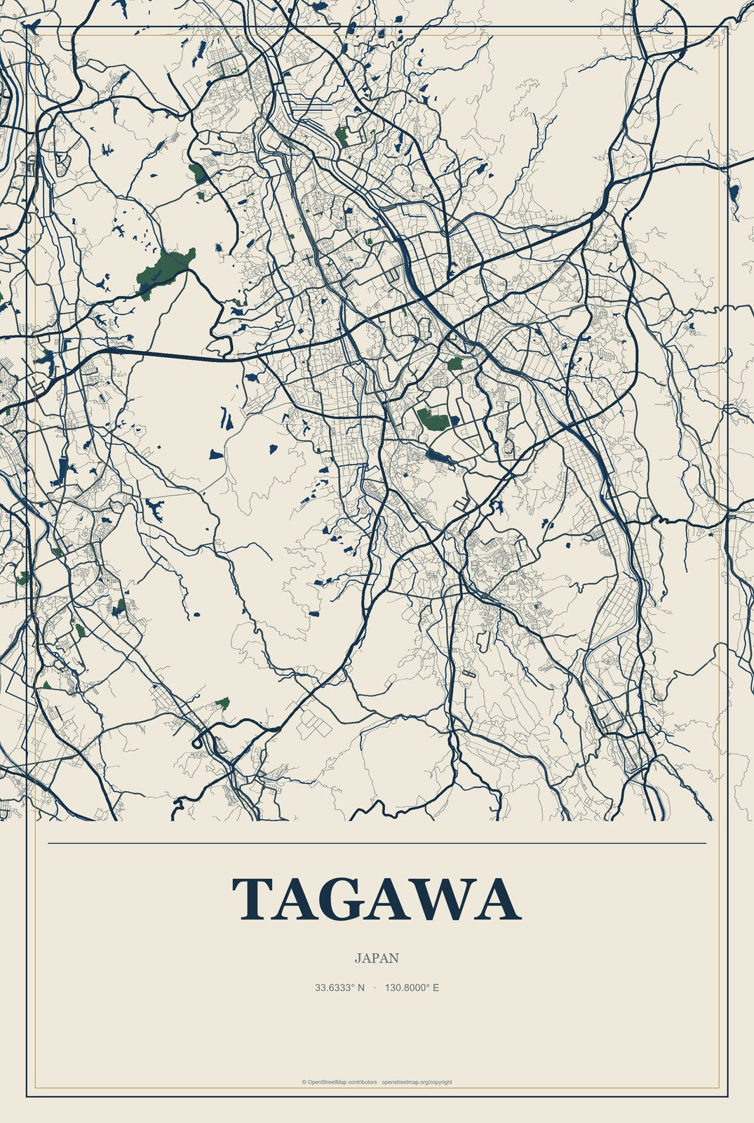 Tagawa, Japan City Map Aluminum Sign in Coastal Cutout style