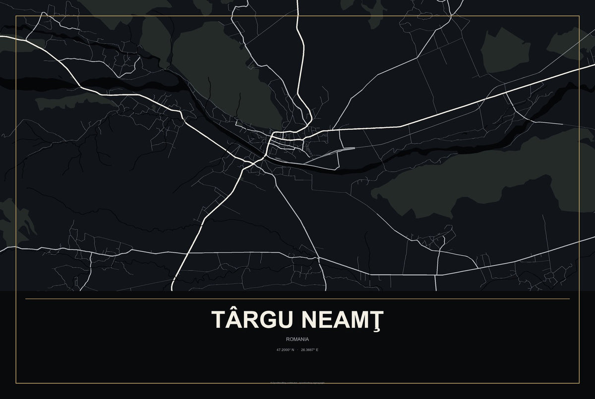Târgu Neamţ, Romania City Map Aluminum Sign in Metropolitan Noir style