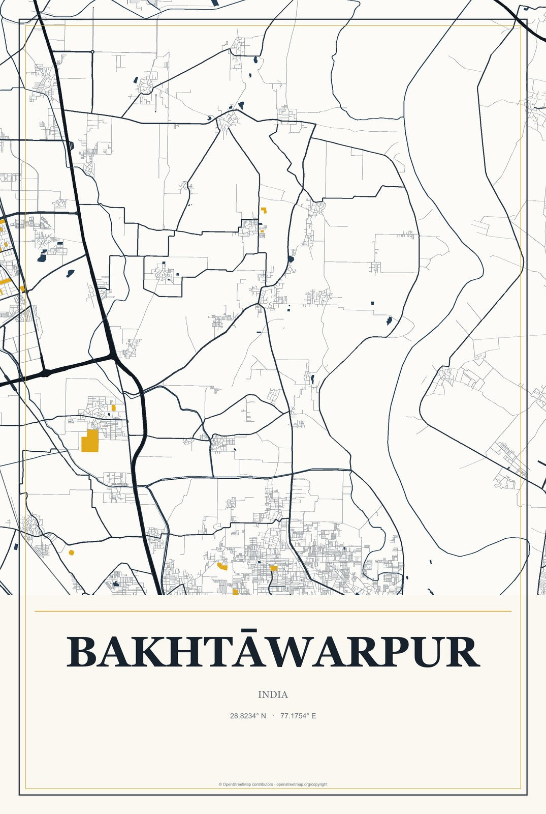 Bakhtāwarpur, India City Map Aluminum Sign in Citrine Modern style