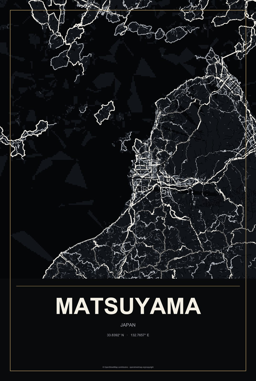 Matsuyama, Japan City Map Aluminum Sign in Metropolitan Noir style