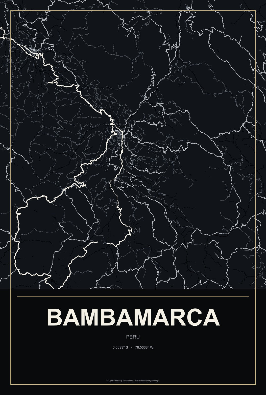 Bambamarca, Peru City Map Aluminum Sign in Metropolitan Noir style