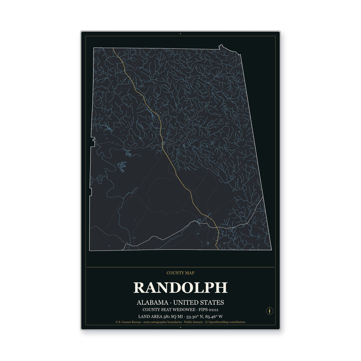 Randolph County, Alabama Map Aluminum Sign in Metropolitan Noir style