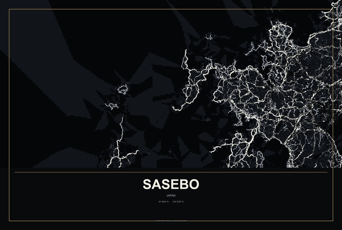 Sasebo, Japan City Map Aluminum Sign in Metropolitan Noir style