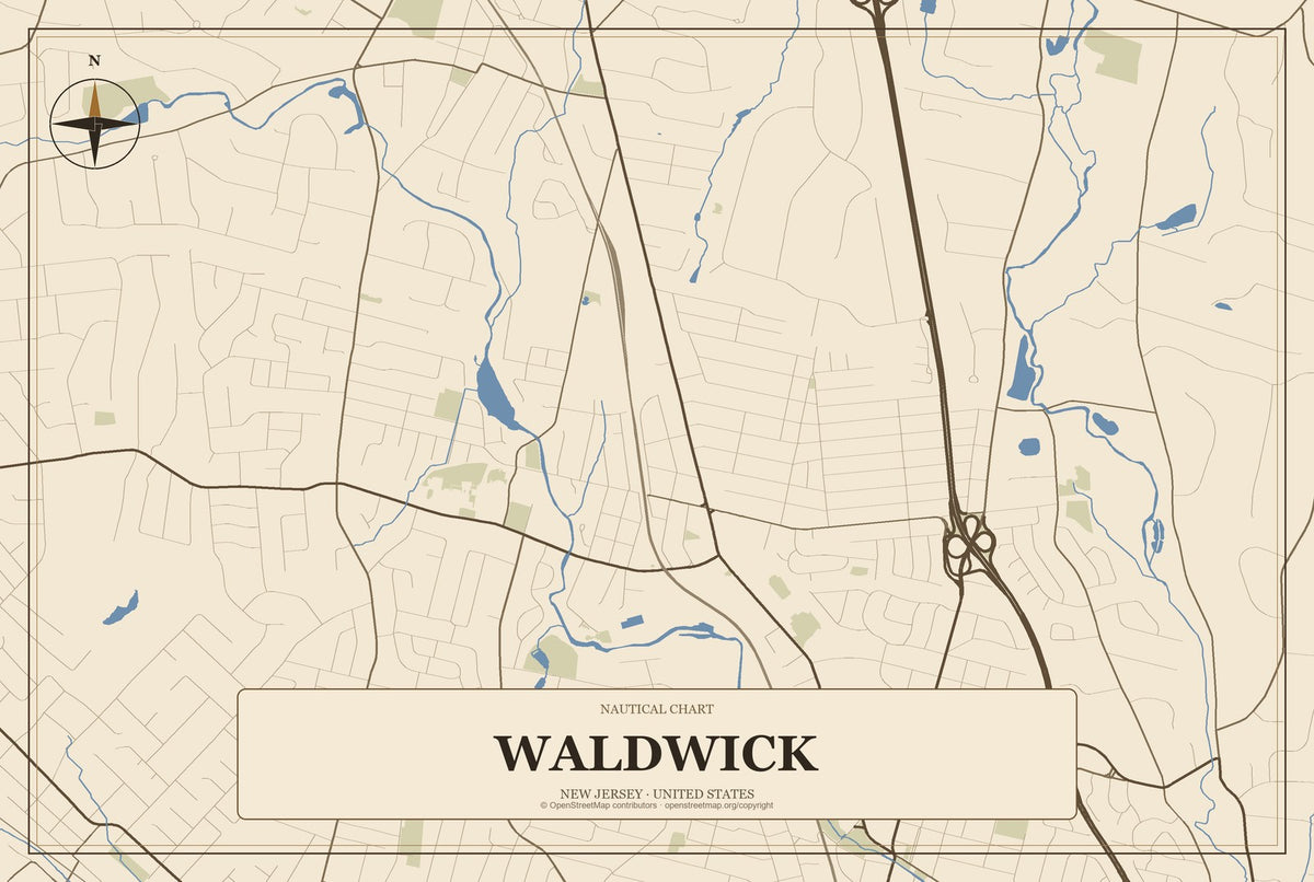 Waldwick, New Jersey City Map Aluminum Sign in Heritage Nautical style